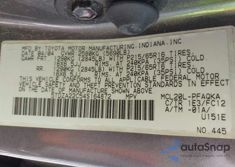 2004 Toyota Sienna Xle из США, поврежденный, VIN 5TDZA22C54S164872